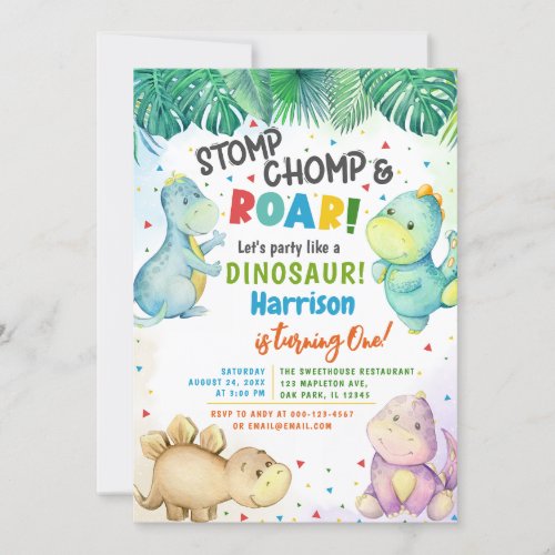 Dinosaur Stomp Chomp  Roar 1st Birthday Boy Invitation