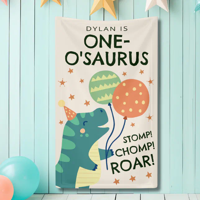 Dinosaur Stomp Chomp Roar 1st Birthday Party Banner | Zazzle