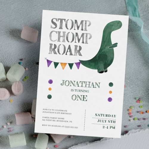 Dinosaur Stomp Chomp Roar 1st Birthday Party Invitation