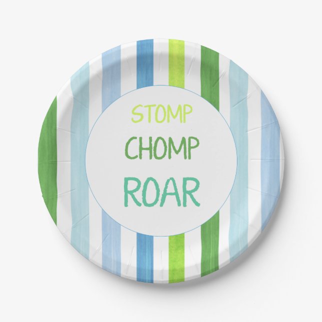 Dinosaur stomp chomp roar birthday paper plates (Front)
