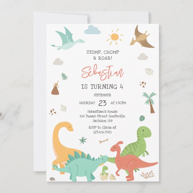 Dinosaur Stomp Chomp Roar Birthday Party  Invitation (Front)