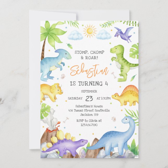 Dinosaur Stomp Chomp Roar Birthday Party  Invitation (Front)
