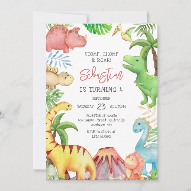 Dinosaur Stomp Chomp Roar Birthday Party Invitation (Front)