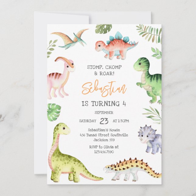 Dinosaur Stomp Chomp Roar Birthday Party Invitation (Front)