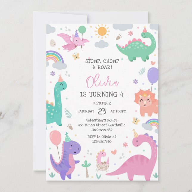 Dinosaur Stomp Chomp Roar Birthday Party Invitation (Front)