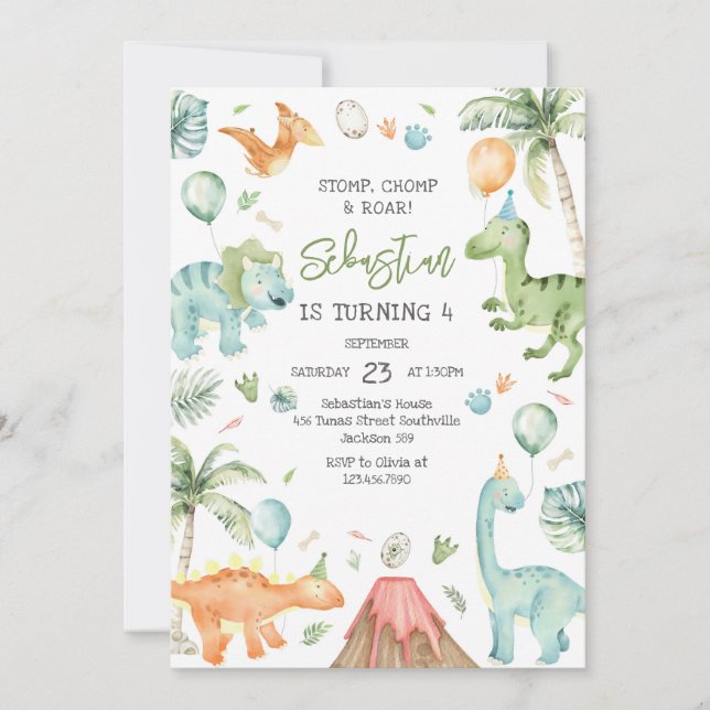 Dinosaur Stomp Chomp Roar Birthday Party Invitation (Front)
