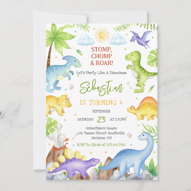 Dinosaur Stomp Chomp Roar Birthday Party  Invitation (Front)