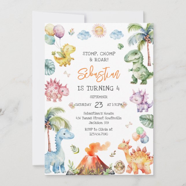 Dinosaur Stomp Chomp Roar Birthday Party Invitation (Front)