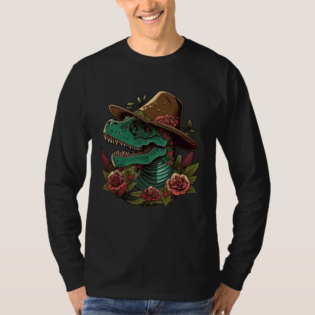 Dinosaur Sugar Skull With Sombrero Mexican Cinco d T-Shirt (Front)