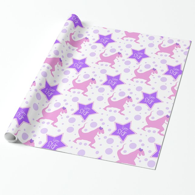 Dinosaur Super Star Wrapping Paper | Pink & Purple (Unrolled)