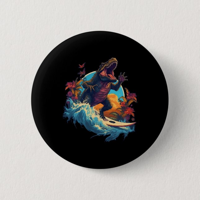 Dinosaur Surfboard Beach Surf Surfer Dinosaur T Re Button (Front)