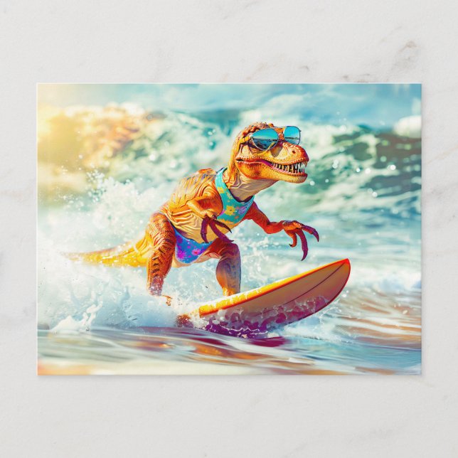 Dinosaur Surfing Big Wave Holiday Postcard (Front)
