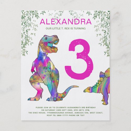 Dinosaur T rex 3rd Birthday Party pink budget Flyer