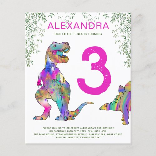 Dinosaur T rex 3rd Birthday Party pink budget Flyer