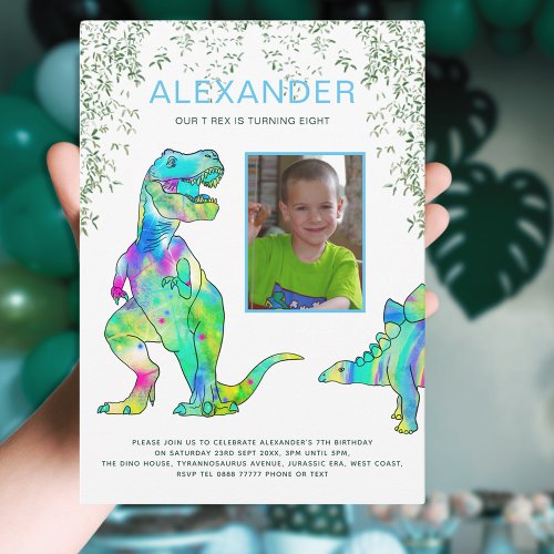 Dinosaur T_Rex 8th Birthday Party Blue Green Invitation