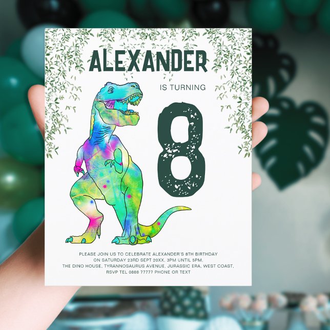 Dinosaur T-Rex Birthday Party Budget (T-Rex dinosaur jungle 8th birthday party budget invitation with green modern typography )