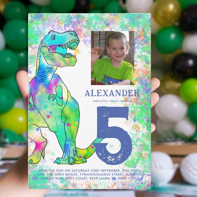 Dinosaur T-Rex Birthday Party Photo Invitation (T-rex colorful dinosaur custom photo 5th birthday party invitation blue and green watercolor)