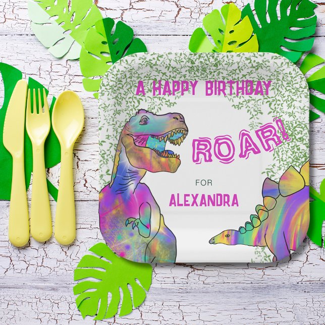 Dinosaur T-Rex Birthday Party Pink Paper Plates (Colorful dinosaur girls birthday party custom paper plates )