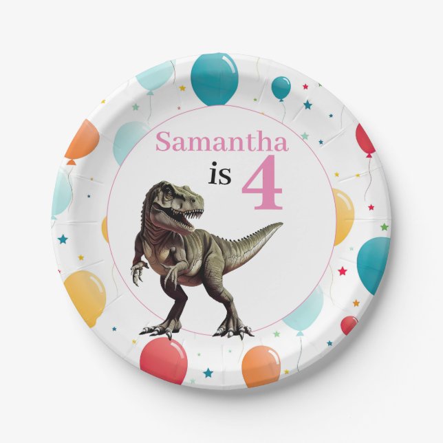 Dinosaur T Rex Birthday Pink Paper Plates (Front)