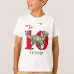 Dinosaur T Rex Birthday T-Shirt<br><div class="desc">A bold dinosaur T Rex with flying Pterodactyls birthday tee. Great for ages 10 and up. Bold green watercolor dinosaur. Add you name and age.</div>