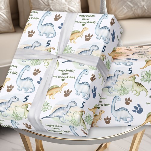 Dinosaur T rex Boy Birthday Name Text Wrapping Paper