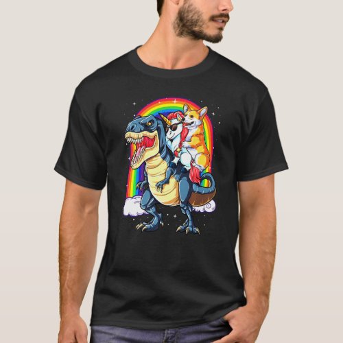 Dinosaur T Rex Boys Girls Rainbow Corgi T_Shirt
