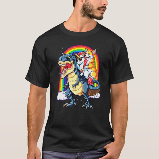 Dinosaur T Rex Boys Girls Rainbow Corgi T-Shirt (Front)