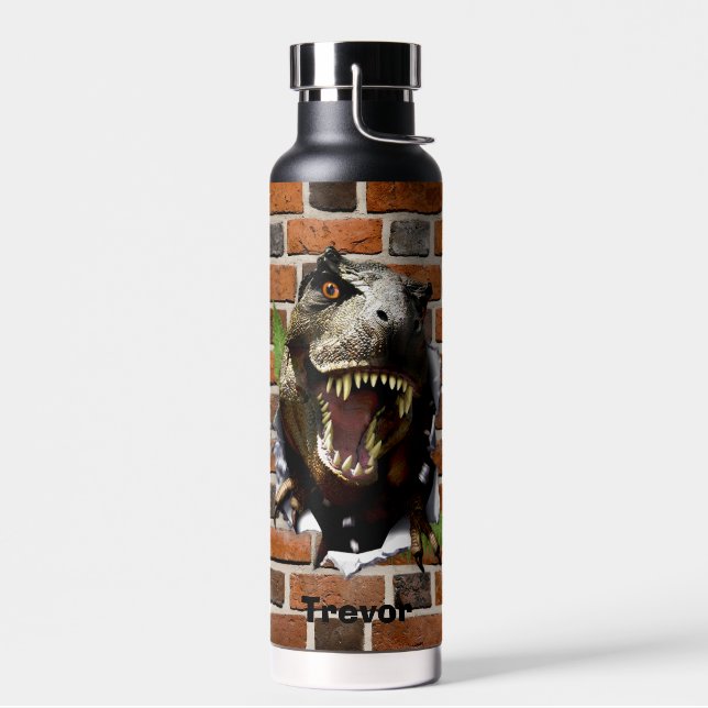 Dinosaur T-Rex Busting Out Personalize Name Water Bottle (Left)