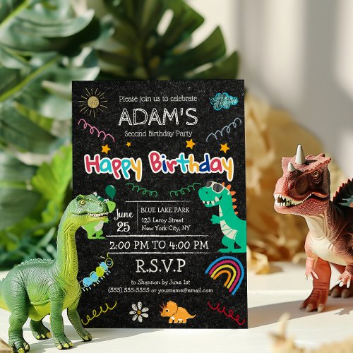 Dinosaur T_rex Chalkboard Rainbow 2nd kid Birthday Invitation