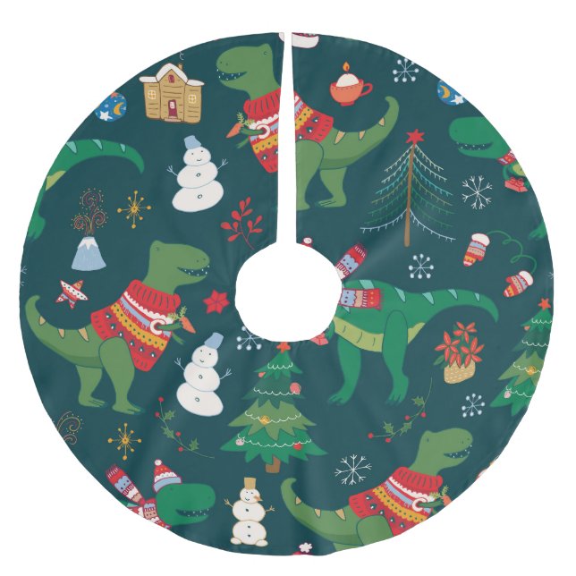 Dinosaur T-Rex: Christmas New Year. Brushed Polyester Tree Skirt (Front)
