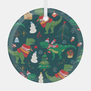 Dinosaur T-Rex: Christmas New Year. Glass Ornament