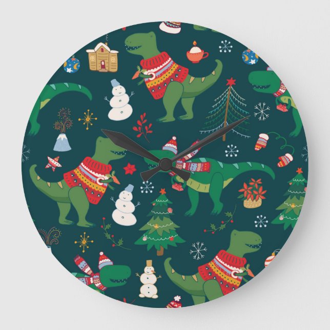Dinosaur T-Rex: Christmas New Year. Large Clock (Front)