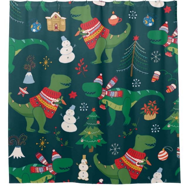 Dinosaur T-Rex: Christmas New Year. Shower Curtain (Front)