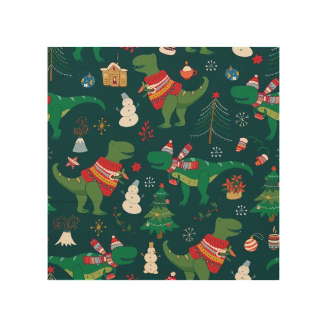 Dinosaur T-Rex: Christmas New Year. Wood Wall Art (Front)