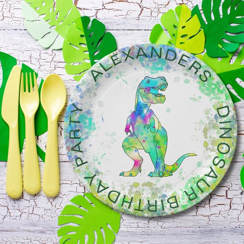 Dinosaur T_Rex Colorful Watercolor Birthday Party Paper Plates