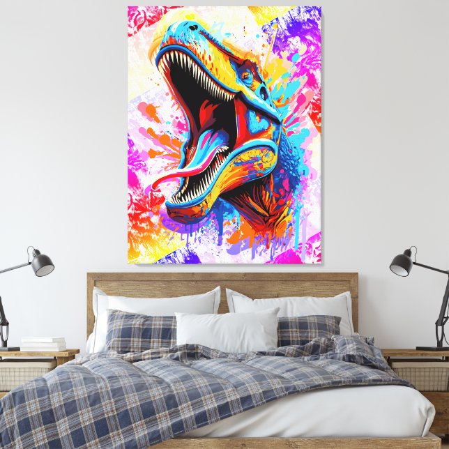 Dinosaur T-Rex - Colourful Dinosaur Trex Canvas Print (Insitu(Bedroom))