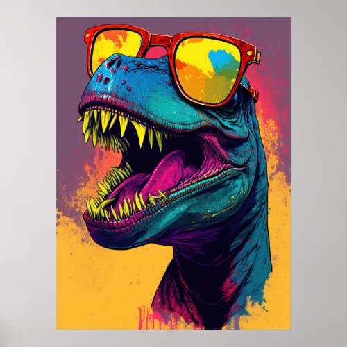 Dinosaur T Rex Cool Orange Blue Poster