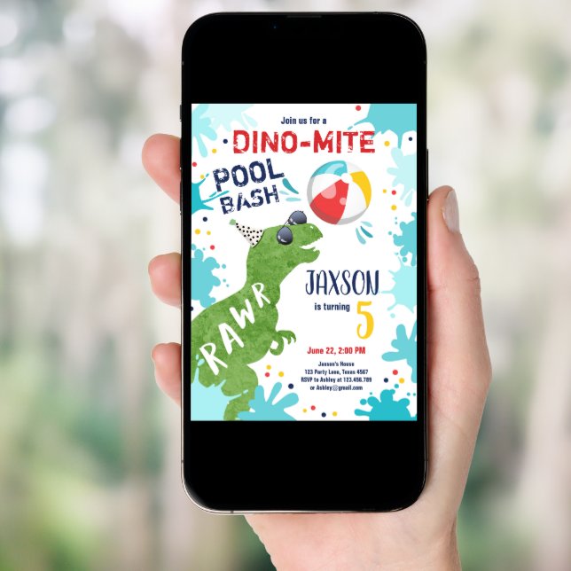 Dinosaur T-Rex Dino Mite Pool Bash Boy Blue Party Invitation (Front Digital)