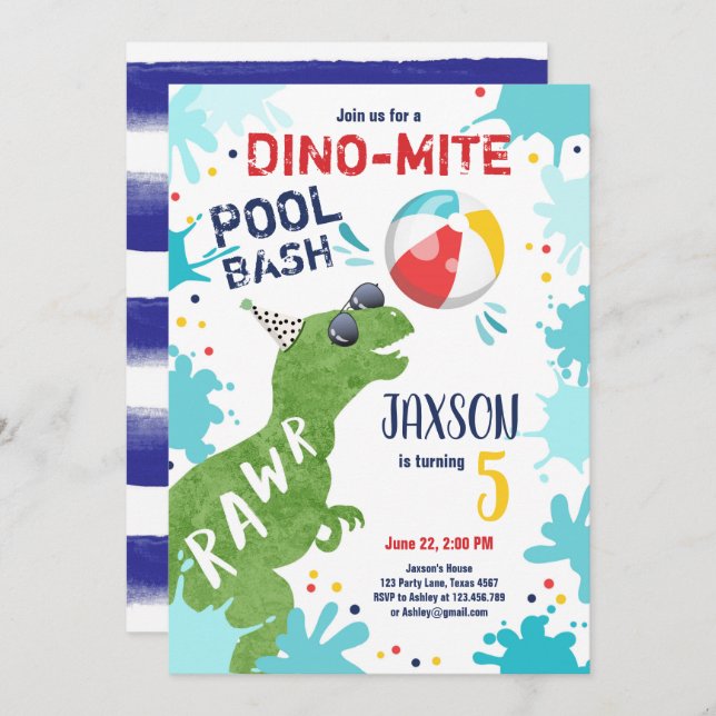 Dinosaur T-Rex Dino Mite Pool Bash Boy Blue Party Invitation (Front/Back)