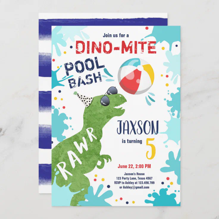 Dinosaur T Rex Dino Mite Pool Bash Boy Blue Party Invitation Zazzle