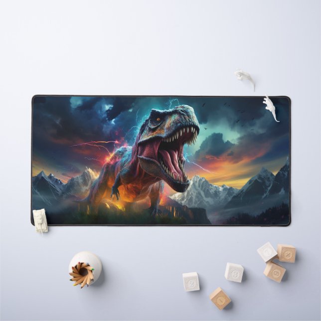 Dinosaur T-Rex Dino Stormy Mountains Desk Mat (Kids Table)