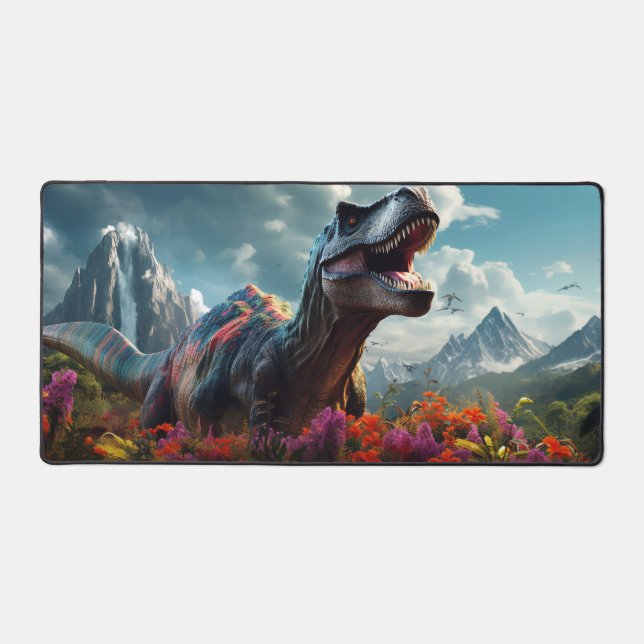 Dinosaur T-Rex Dino Stormy Mountains Desk Mat (Front)