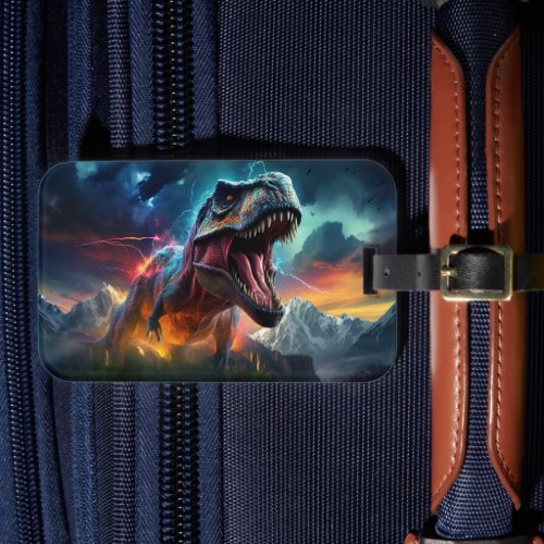 Dinosaur T_Rex Dino Stormy Mountains Luggage Tag