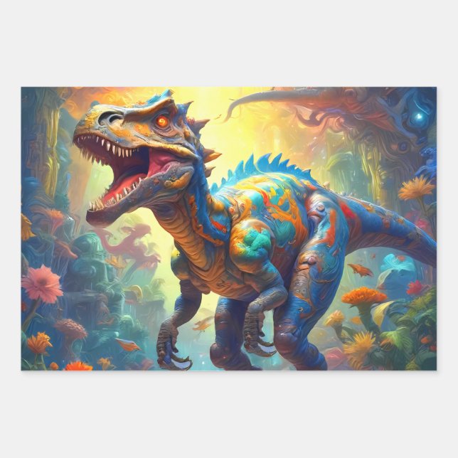 Dinosaur T-Rex Fantasy World  Wrapping Paper Sheets (Front)