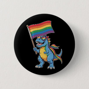 Dinosaur T Rex Gay Pride LGBTQ Ally Rainbow Flag Button