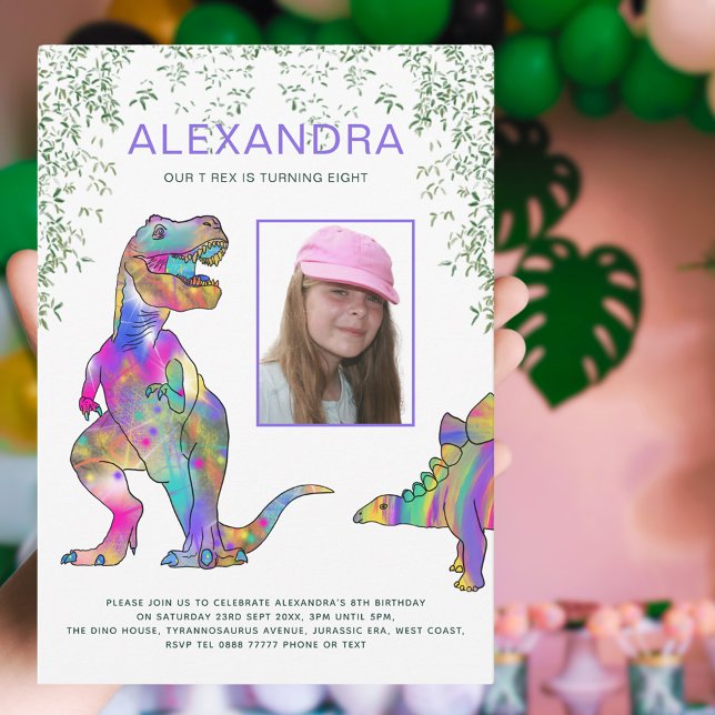 Dinosaur T-Rex Girls Birthday Party Purple Invitation (Dinosaur T-Rex colorful girls 8th birthday party invitation with photo template purple pink)