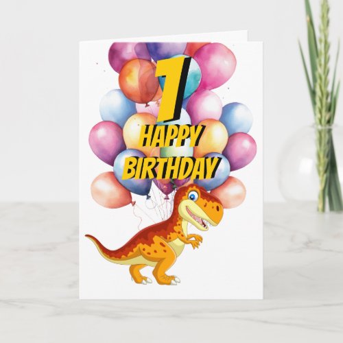 Dinosaur T Rex Gold 1st  Birthday Balloons Card