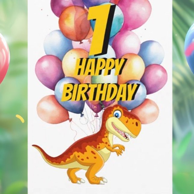 Dinosaur T Rex Gold 1st  Birthday Balloons Card (Celebrate your little one's first birthday with our adorable T-Rex gold balloon card!)