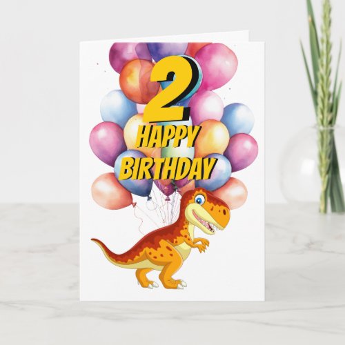 Dinosaur T Rex Gold 2nd  Birthday Balloons Card