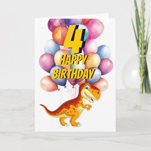 Dinosaur T Rex Gold 4th  Birthday Balloons Card